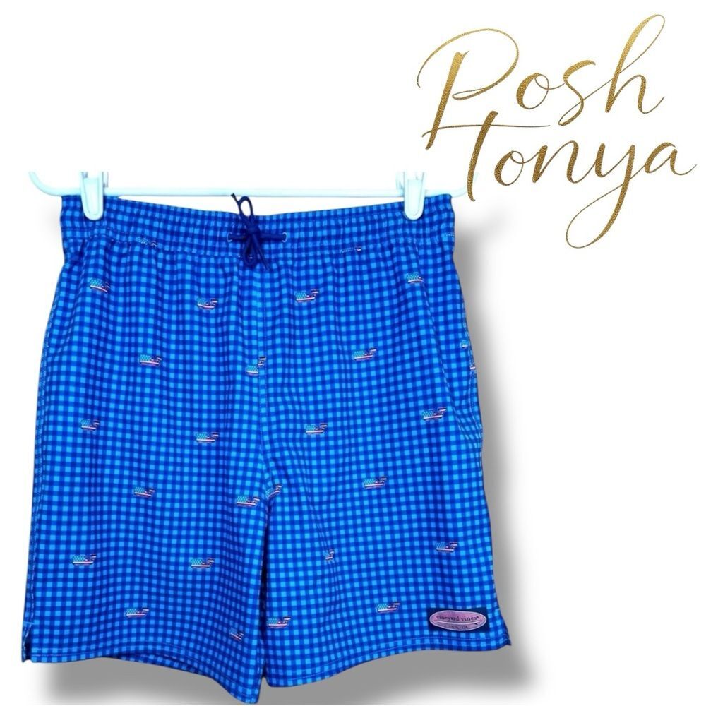 Vineyard Vines Swim Trunks Blue Gingham Whale Logo Size XL Coastal Resort